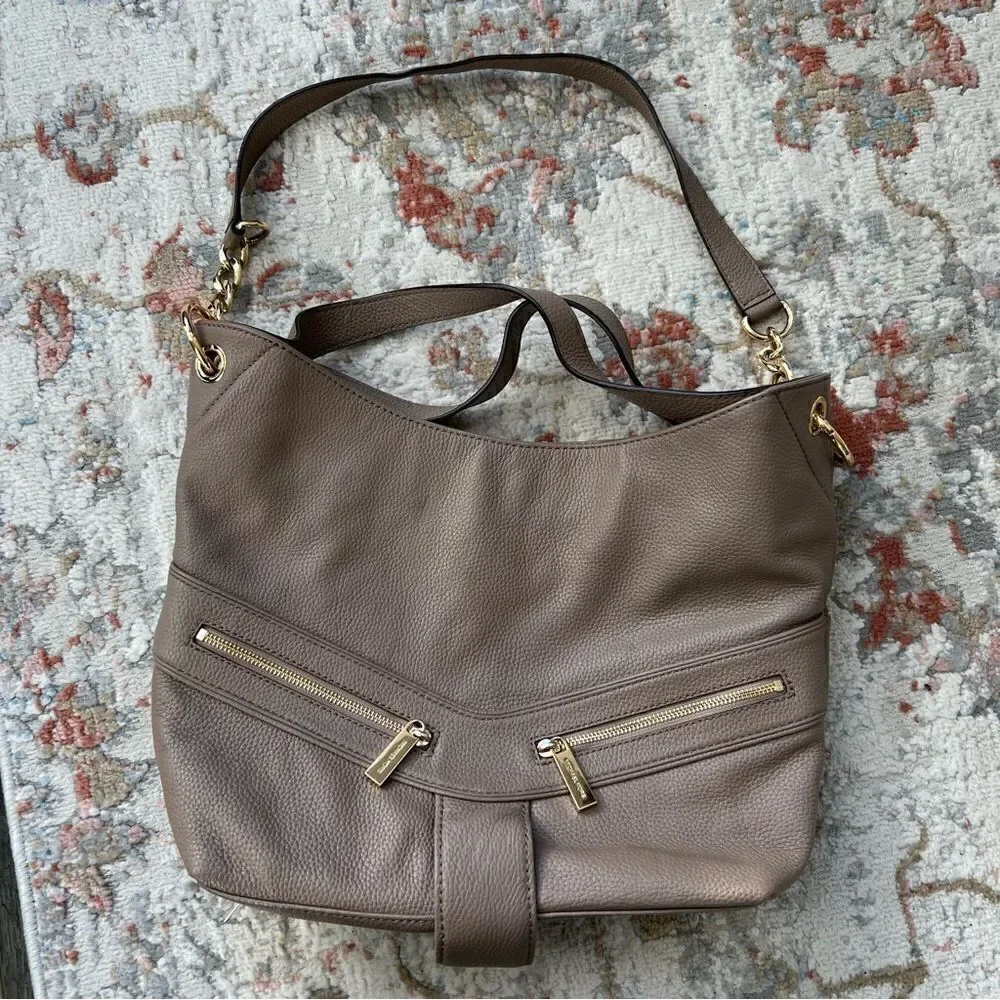 Michael Kors Jamesport Leather Hobo Large Shoulder Bag Taupe Tan Nude Gold